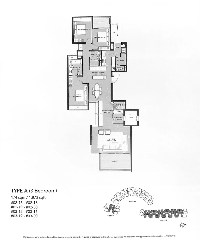 Marina Collection floor plan, Type A (3-Bedroom): 3 bedrooms, 174 sq m (1,873 sq ft), 28 homes, #02-15 to #02-16, #02-19 to #02-30, #03-15 to #03-16 and #03-19 to #03-30 (developer drawing with key plan)