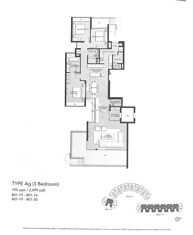 Marina Collection floor plan, Type Ag (3-Bedroom with PES): 3 bedrooms with a private enclosed space, 195 sq m (2,099 sq ft), 14 homes, #01-15 to #01-16 and #01-19 to #01-30 (developer drawing with key plan)