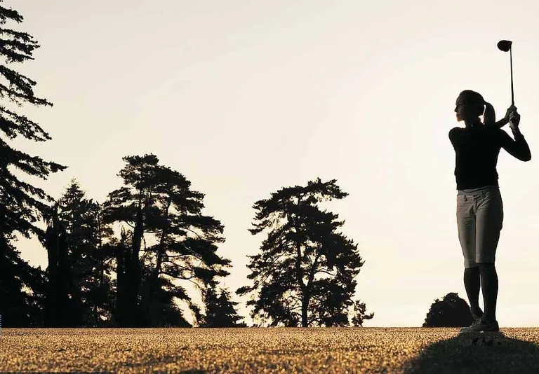 Illustrative photograph, not the development: a golfer in silhouette at the top of a swing, with pine trees against a pale evening sky