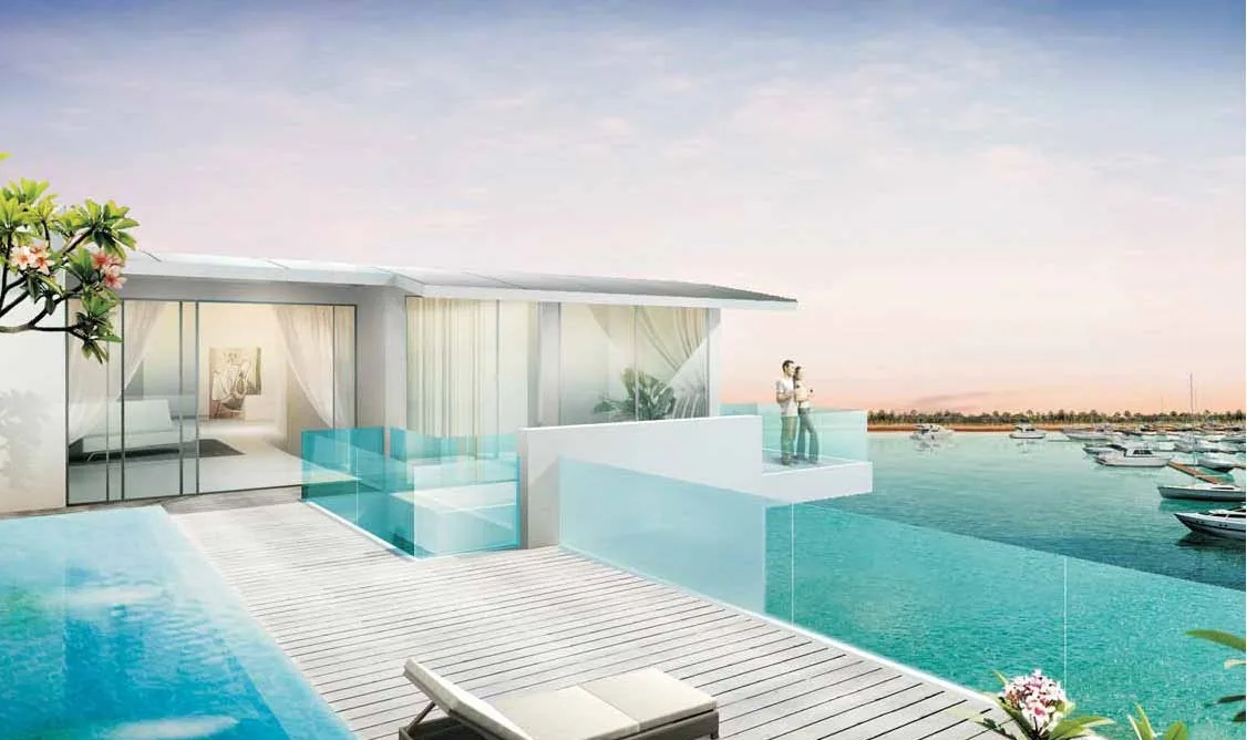 Marina Collection, artist’s impression: a penthouse attic with its own glass-edged pool and timber sun deck, loungers by the water and the marina beyond