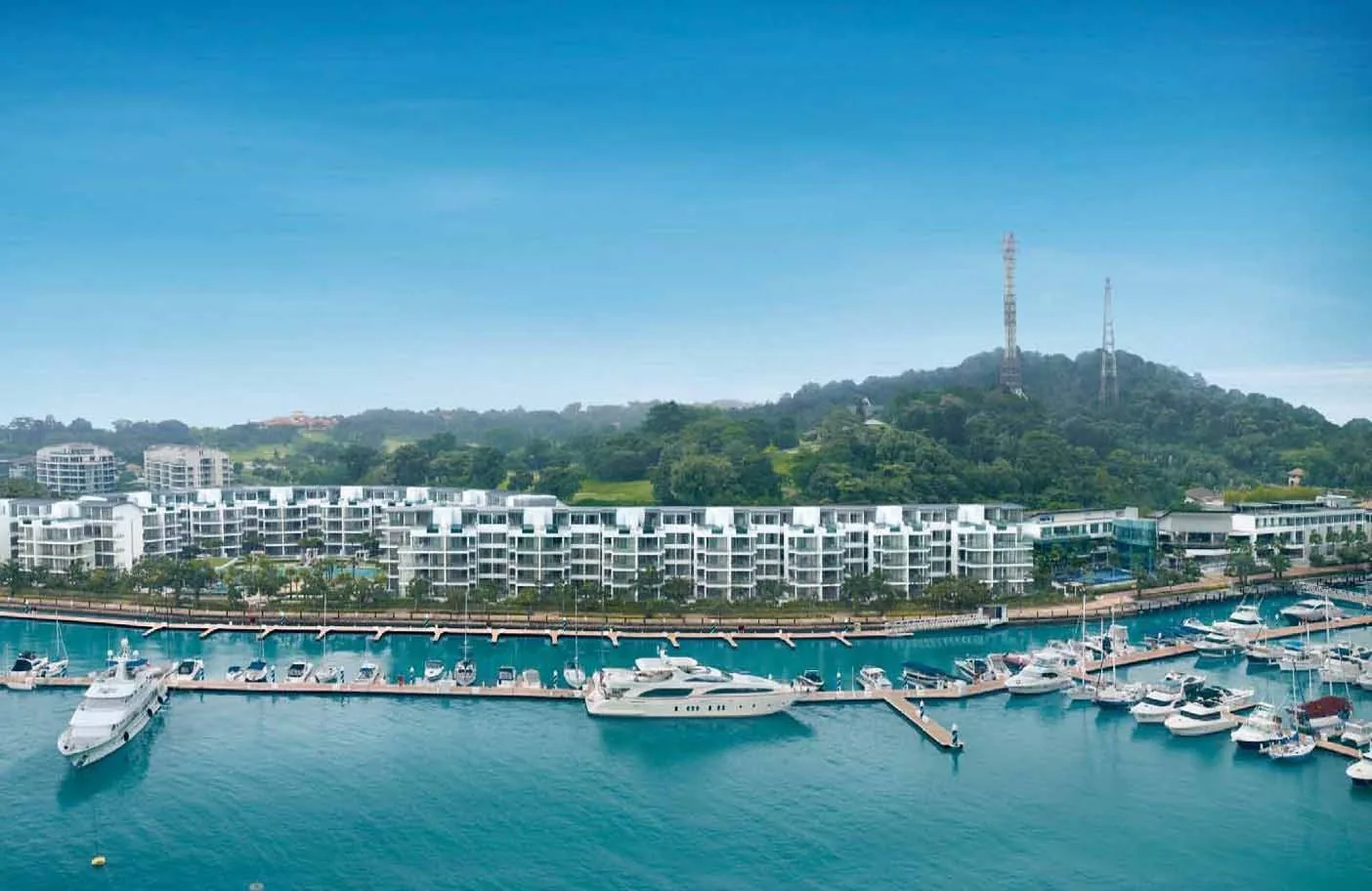 Marina Collection, artist’s impression: the three four-storey blocks along the water at Sentosa Cove, with yachts moored at the marina in front and the wooded hills of Sentosa behind